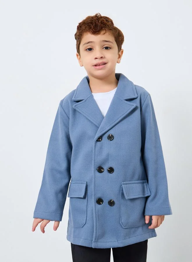 Styli Styli Boys Blue Button Detail Notch Lapel Coat