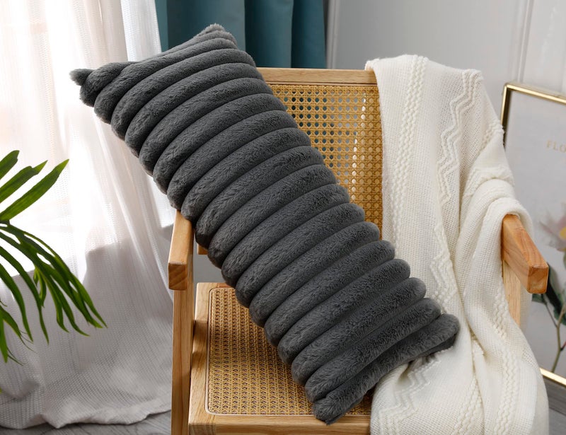 PANOD Faux Fur Decorative Lumbar Throw Pillow Covers 12 x 26 Long Boho Lumbar Pillow Covers Pillow Case Cushion Case for Bed Sofa Farmhouse Livingroom Grey - Image 3
