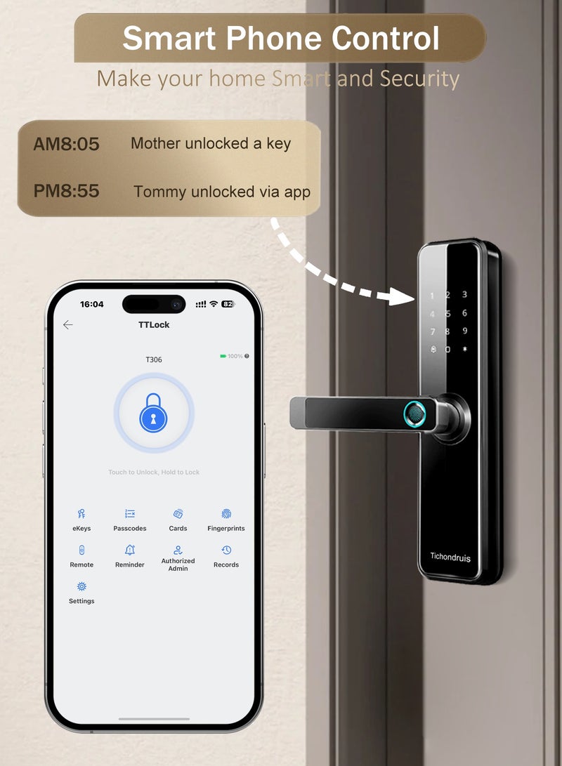 Tichondrius Smart Door Lock with Bluetooth TTLock App, Fingerprint, Passcode, 7*Cards & Key – 5-Way Access Control for Home and Office Security - Image 3