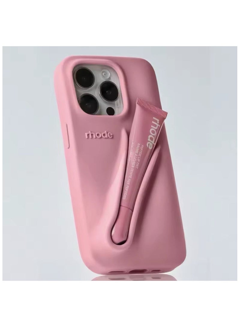 rhode Lip Gloss Phone Case with Lip Tint, For iPhone Case Liquid Silicone Camera Protection Lipstick Lip Glaze Phone Case for iPhone 15 Pro (Ribbon) - Image 1