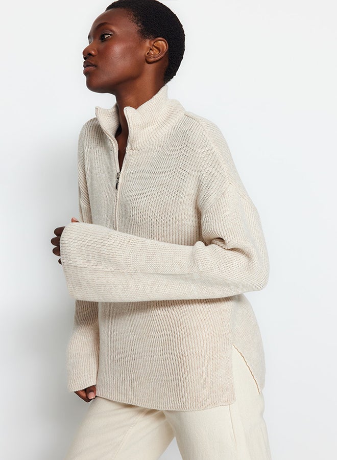 trendyol Stone Wide Fit Zipper High Neck Knitwear Sweater TWOAW24KZ00507 - Image 2