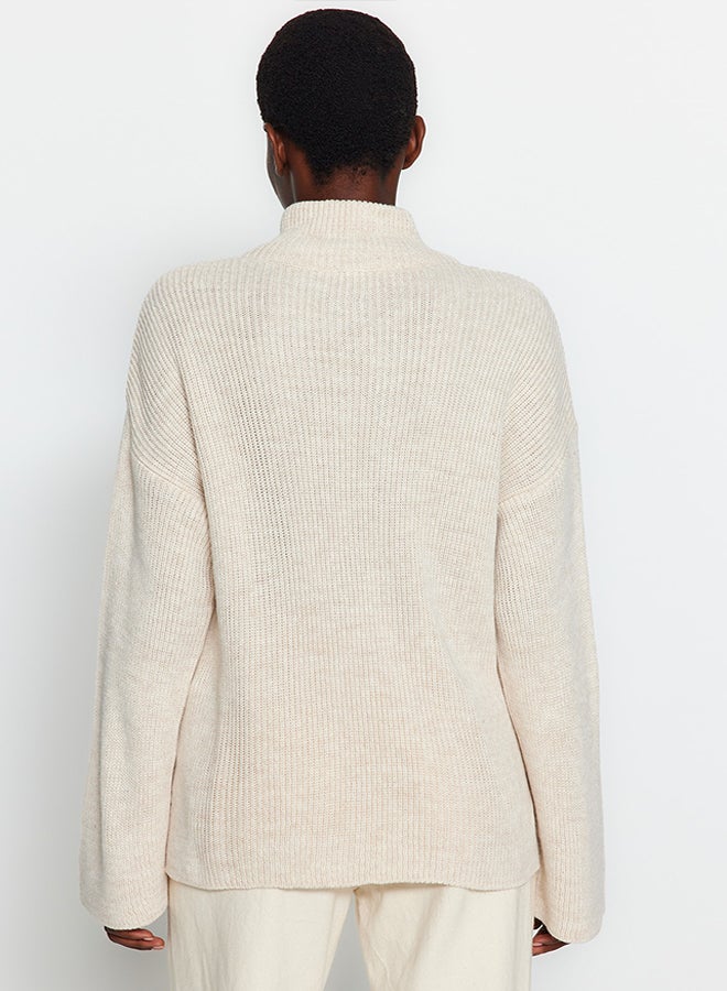 trendyol Stone Wide Fit Zipper High Neck Knitwear Sweater TWOAW24KZ00507 - Image 5
