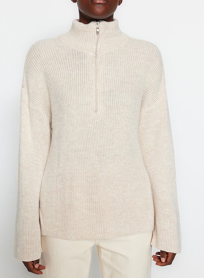 trendyol Stone Wide Fit Zipper High Neck Knitwear Sweater TWOAW24KZ00507 - Image 4