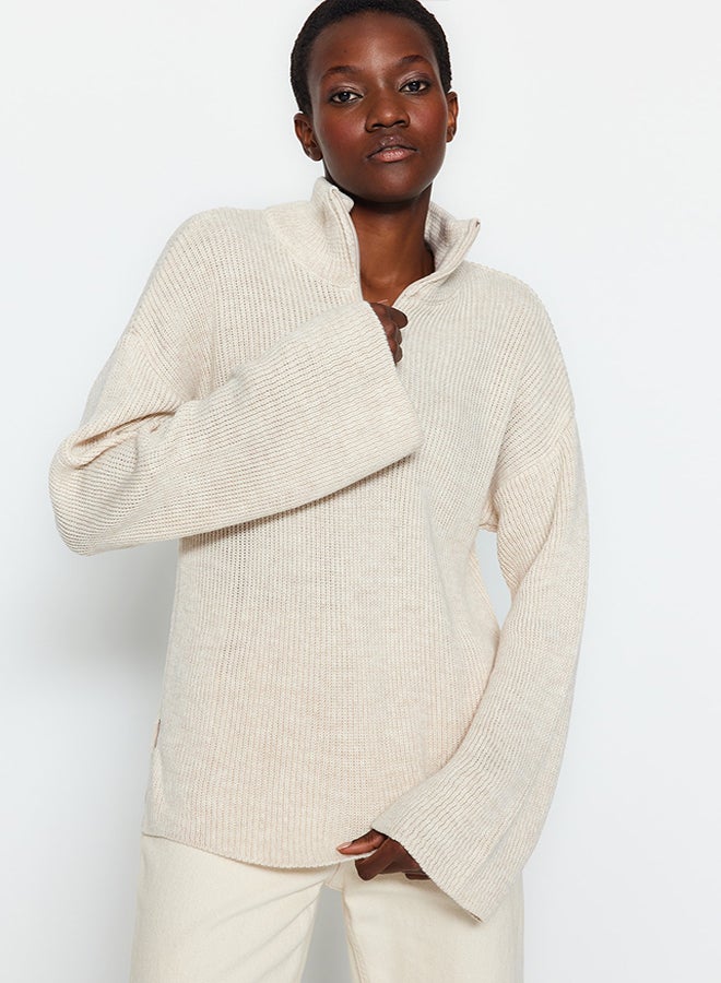 trendyol Stone Wide Fit Zipper High Neck Knitwear Sweater TWOAW24KZ00507 - Image 1