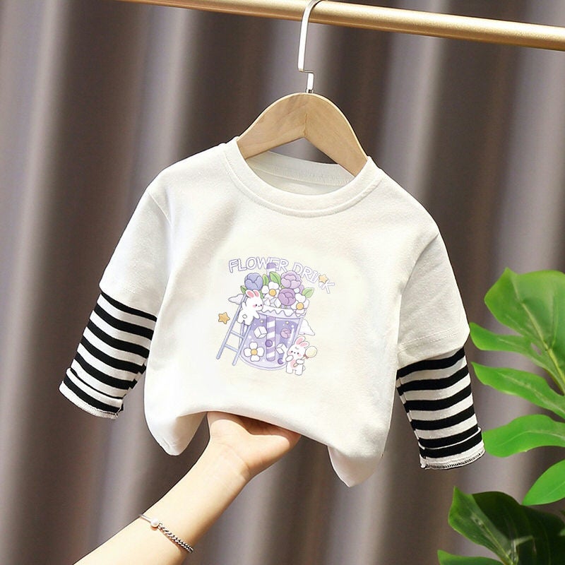 G2053# Girls Long Sleeve Shirt Western New Children'S Cartoon Cute Round Neck Base Shirt Fake Two-Piece Fashion - Image 1