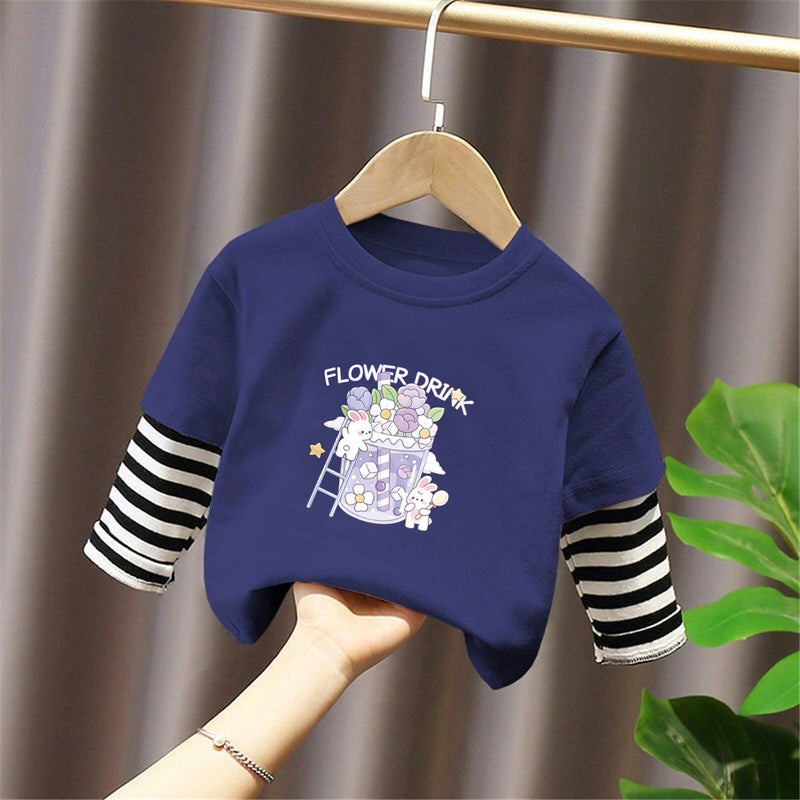 G2053# Girls Long Sleeve Shirt Western New Children'S Cartoon Cute Round Neck Base Shirt Fake Two-Piece Fashion - Image 2