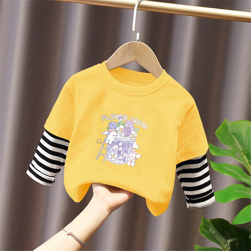 G2053# Girls Long Sleeve Shirt Western New Children'S Cartoon Cute Round Neck Base Shirt Fake Two-Piece Fashion - Image 3