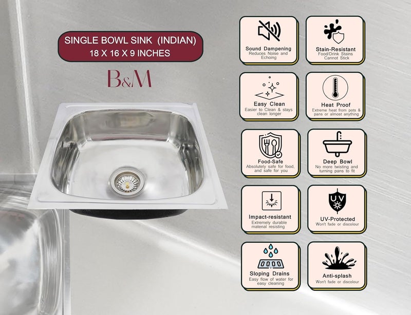 BOWLS  MORE أحواض أكثر تصميم تقليدي من الدرجة 304 تشطيب لامع عالي حوض مطبخ فردي مع مجموعة توصيل من الفولاذ المقاوم للصدأ وأنبوب PVC فضي 18x 16 x 8 - Image 5