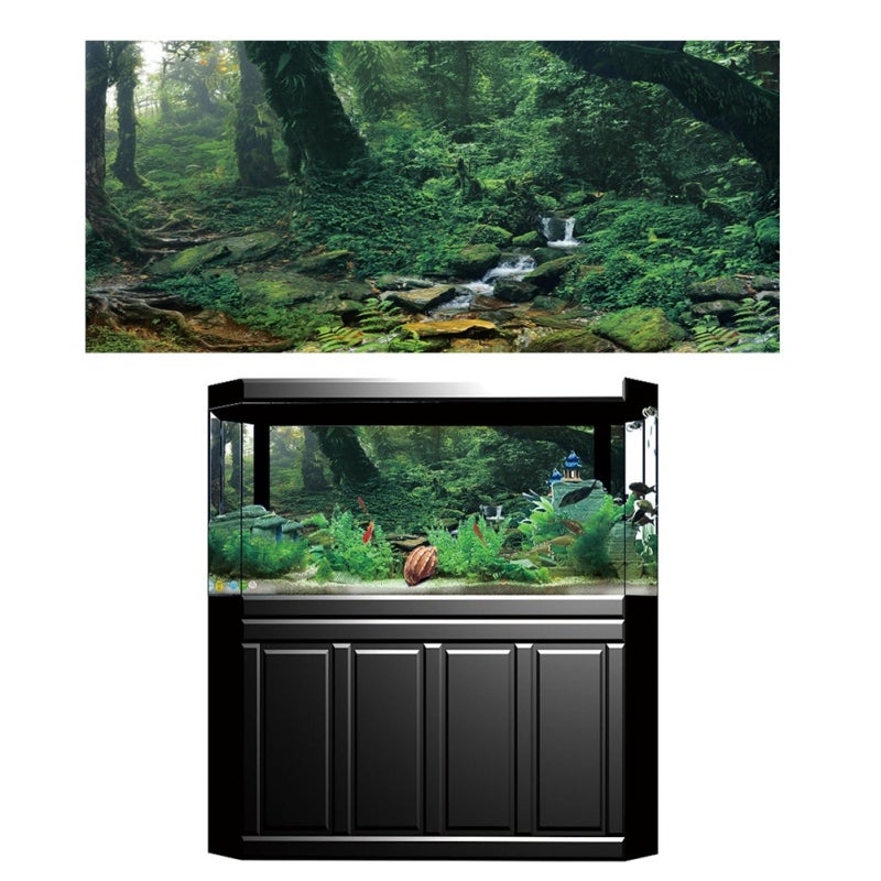 Fish Tank Background Poster:  High-Quality PVC Material, Firm Durable - Dual Side Riverway Green Woods Pattern, Realistic Look - Waterproof Non-Glare for Home Aquarium Decoration - Image 4