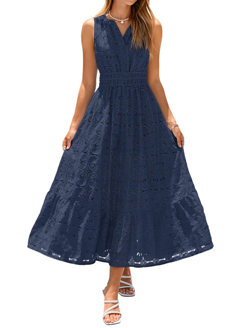 Simplee Women Summer Lace Eyelet Maxi Dress 2026 Sleeveless Casual V Neck A Line Boho Flowy Beach Wedding Guest Long Dresses Navy Blue M - Image 1