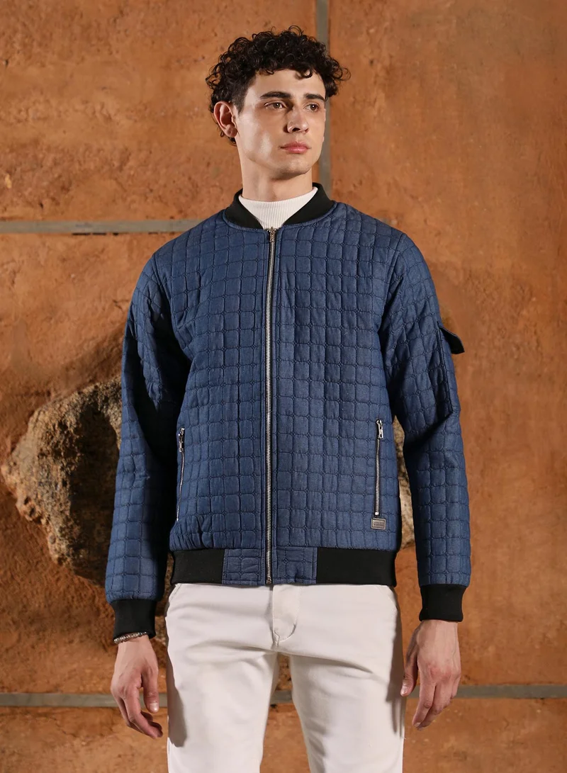كامبوس سوترا Men's Navy Blue Cubic-Quilted Bomber Jacket | Baseball Collar , Ribbed Cuff Sleeves , Zipper Closure , Ribbed-Straight Hem | Solid Quilted For Casual & Daily Wear