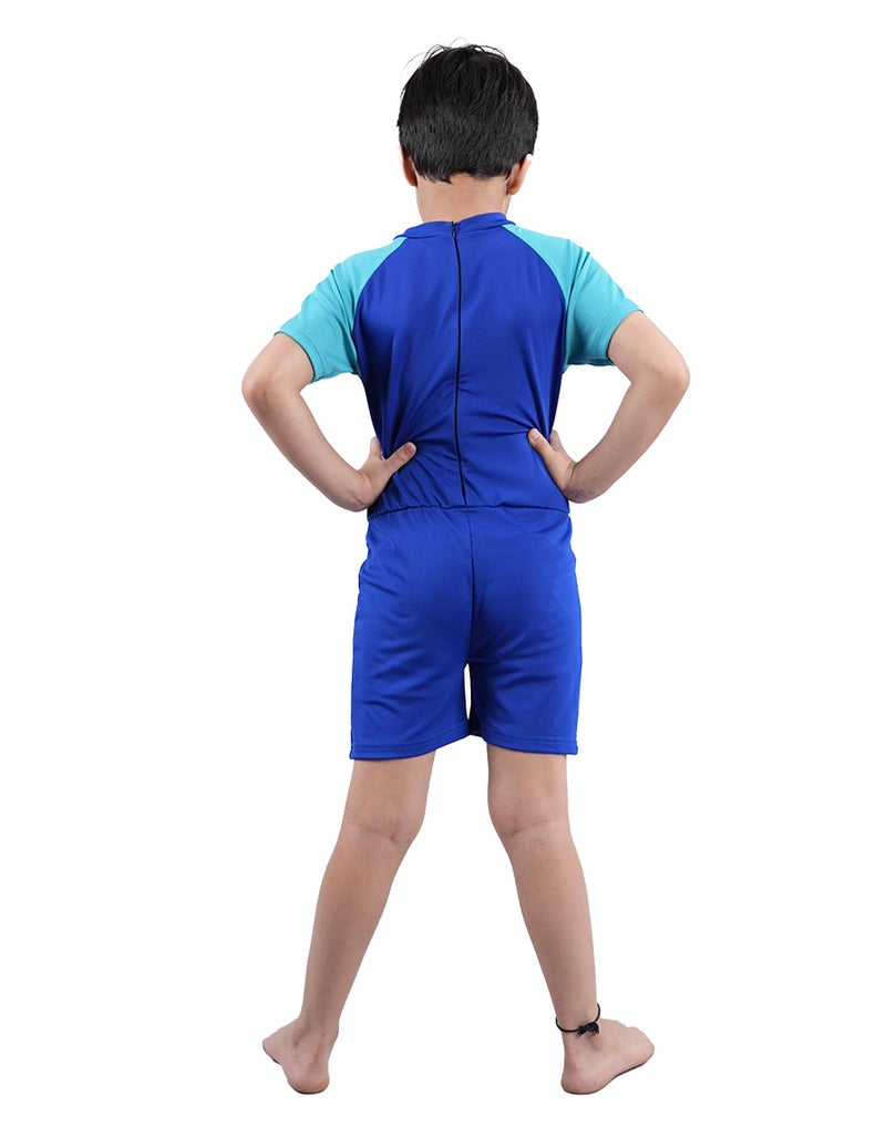 KiddoPanti Boys & Girls Half Sleeve Mid Thigh Length Swim Suit, Royal Blue & Turquoise, 10-12Y - Image 2