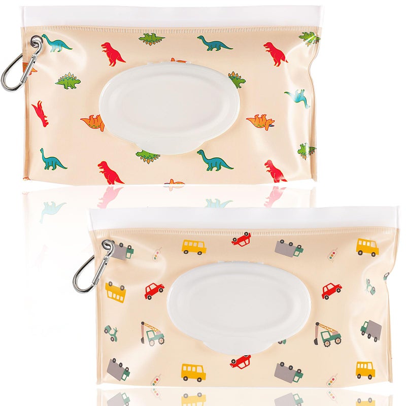 FEBSNOW FEBSNOW 2 Pack Baby Wipes Dispenser Portable Refillable Wipe Holder Baby Wipes Container Travel Wipes Case Reusable Wet Wipes Pouch Dinosaur Car 