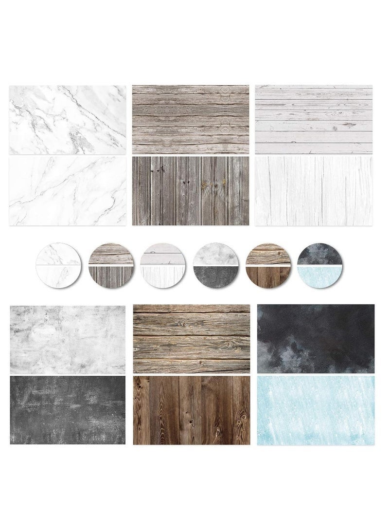كيلا مجموعة من 6 ورقات خلفية للتصوير الفوتوغرافي ذات وجهين، تحتوي على 12 نمطًا، بنمط نسيجي من الرخام والخشب والأسمنت، مناسبة لخلفيات الصور المسطحة على سطح الطاولة، مناسبة لجلسات تصوير المجوهرات ومستحضرات التجميل والمكياج. - Image 1