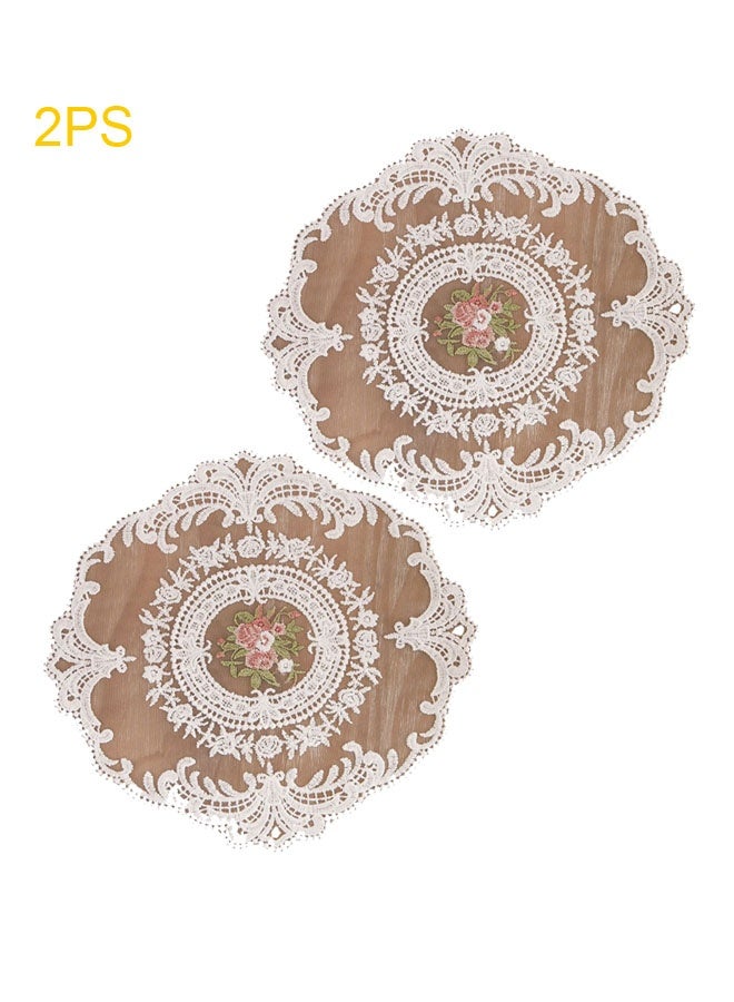 2 Pieces European Lace Table Mat Set - Round Embroidered Vintage Doilies for Dining Table, Coffee Table, Furniture Decor, Antique Lace Coasters & Dust Cover 29*29CM (White, Floral Design) - Image 1
