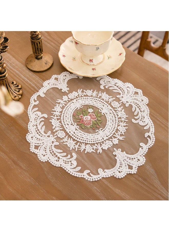 2 Pieces European Lace Table Mat Set - Round Embroidered Vintage Doilies for Dining Table, Coffee Table, Furniture Decor, Antique Lace Coasters & Dust Cover 29*29CM (White, Floral Design) - Image 4