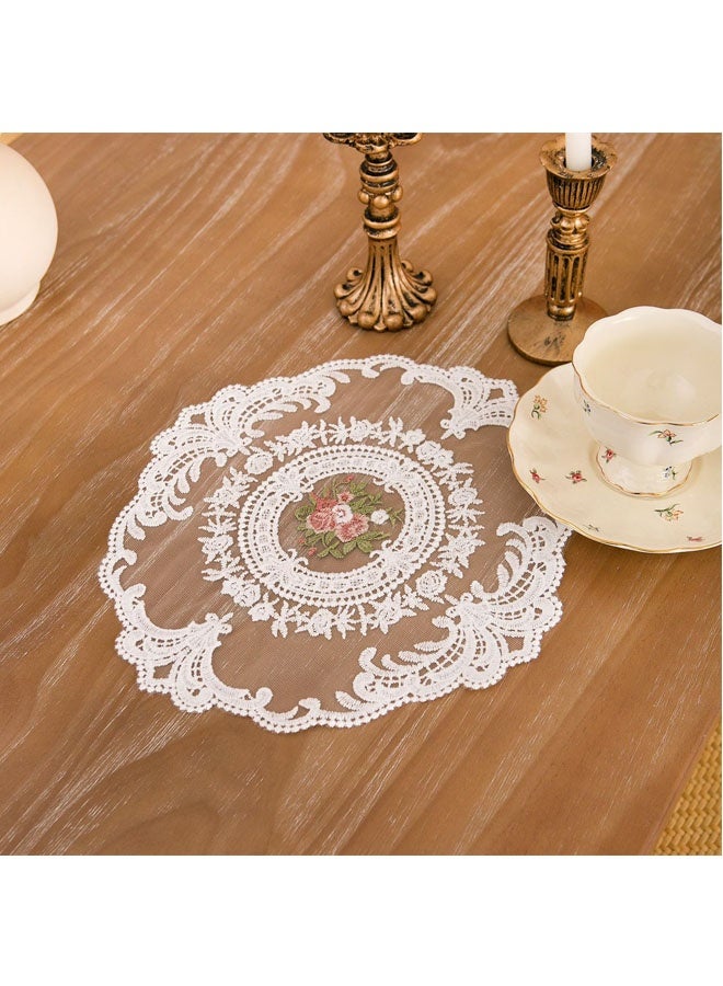 2 Pieces European Lace Table Mat Set - Round Embroidered Vintage Doilies for Dining Table, Coffee Table, Furniture Decor, Antique Lace Coasters & Dust Cover 29*29CM (White, Floral Design) - Image 3