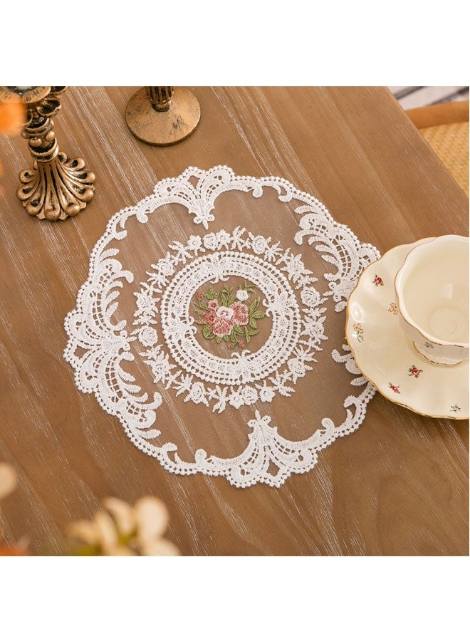 2 Pieces European Lace Table Mat Set - Round Embroidered Vintage Doilies for Dining Table, Coffee Table, Furniture Decor, Antique Lace Coasters & Dust Cover 29*29CM (White, Floral Design) - Image 2