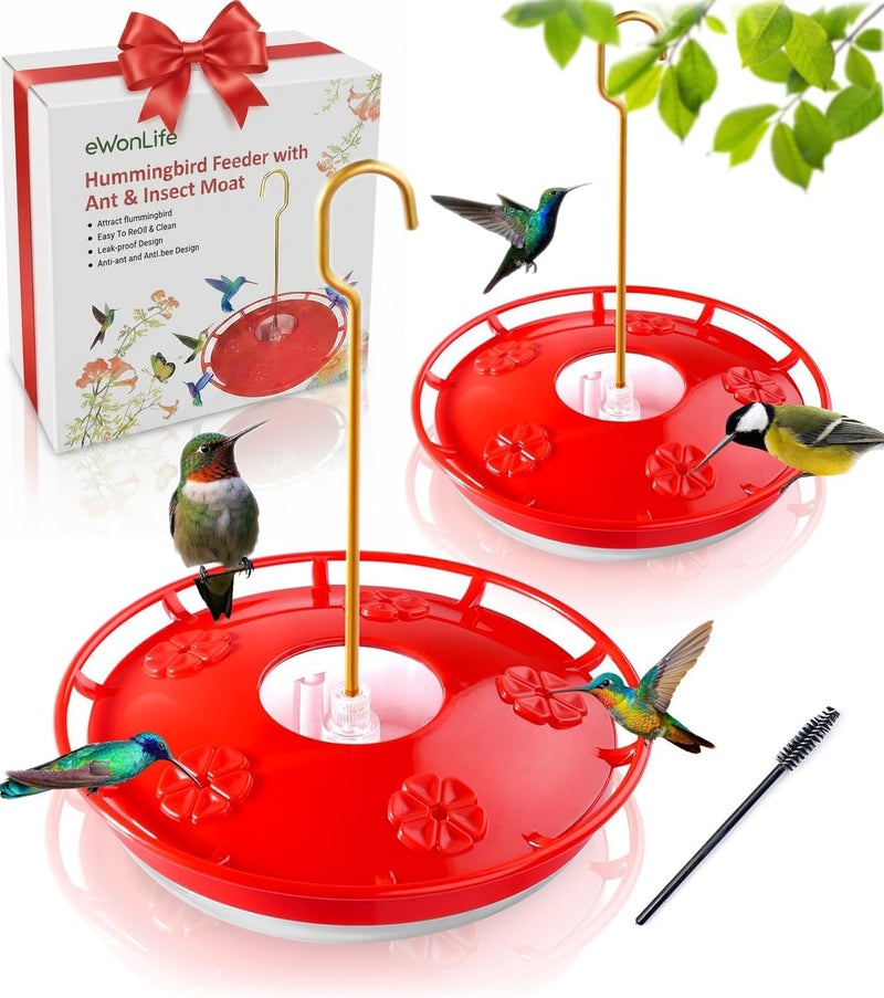 eWonLife 2 Pack Hummingbird Feeders for Outdoors, 16oz Leak-Proof Saucer Humming Bird Feeder with Integrated Ant Moat, Bee Proof 5 Feeding Ports, Brush, Easy Clean & Refill, Hanging Garden Yard Décor - Image 1
