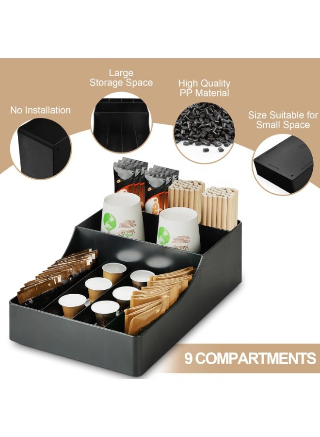 Barakah Coffee Station Storage Rack, 9 Compartment Stockpile Tray, Tea and Condiment Organizer, Countertop Bar Deposit for Home, Office, Living Room, Space-Saving, Durable Design (Black) - Image 3