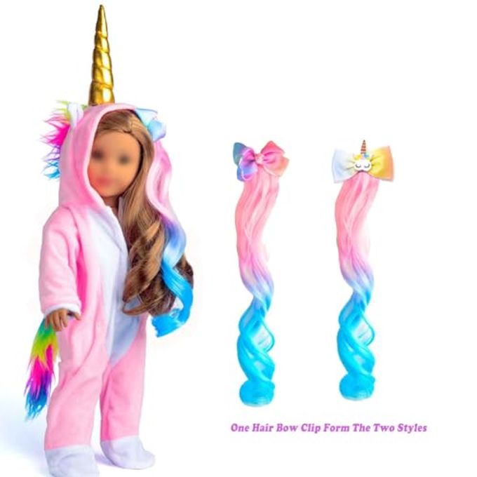 sweet dolly 18 Inch Doll Clothes Unicorn Onesie Pajamas Rainbow Color Hair Bow Clips Costume Fits 18 Inch Doll (Doll Not Included) - Image 2