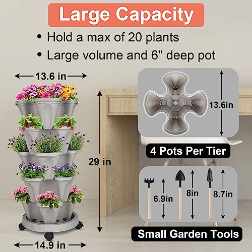GameXcel Vertical Planter 5 Tier Stackable Planters Garden Planters Strawberry Herb Flower and Vegetable Planter Indoor Outdoor Gardening Pots with Removable Wheels and Tools - Image 4