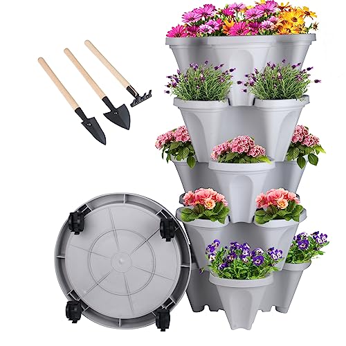GameXcel Vertical Planter 5 Tier Stackable Planters Garden Planters Strawberry Herb Flower and Vegetable Planter Indoor Outdoor Gardening Pots with Removable Wheels and Tools - Image 1