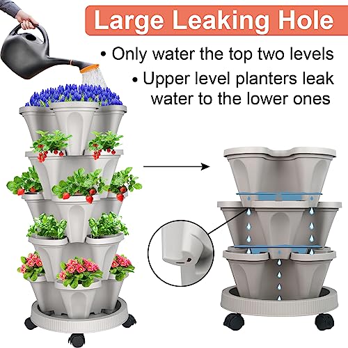 GameXcel Vertical Planter 5 Tier Stackable Planters Garden Planters Strawberry Herb Flower and Vegetable Planter Indoor Outdoor Gardening Pots with Removable Wheels and Tools - Image 3