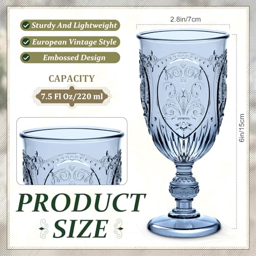 Wiwiqing 24 Pcs Plastic Goblets 7.5oz Vintage Goblet Plastic Wine Glasses Colored Retro Embossed Water Goblets for Wine Bar Juice Baby Shower Wedding Reception Grand Event Party (Blue) - Image 2