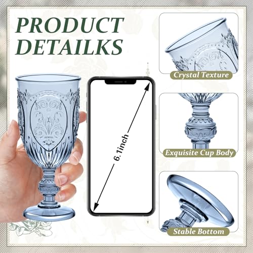 Wiwiqing 24 Pcs Plastic Goblets 7.5oz Vintage Goblet Plastic Wine Glasses Colored Retro Embossed Water Goblets for Wine Bar Juice Baby Shower Wedding Reception Grand Event Party (Blue) - Image 3