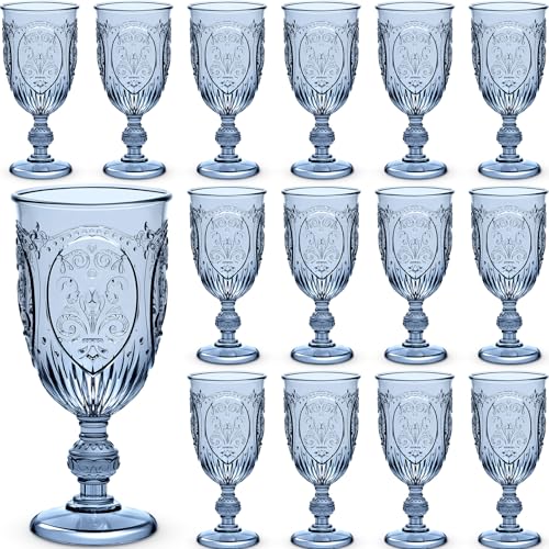 Wiwiqing 24 Pcs Plastic Goblets 7.5oz Vintage Goblet Plastic Wine Glasses Colored Retro Embossed Water Goblets for Wine Bar Juice Baby Shower Wedding Reception Grand Event Party (Blue) - Image 1