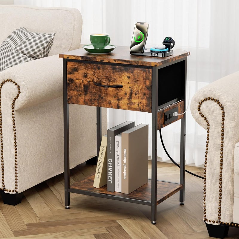 Fohome Nightstand with Charging Station, 2 Tiers Storage Shelves Bedside Table with Drawer,Nightstand for Bedroom,Apartment,Guest Room,Living Room,Rustic Brown - Image 2