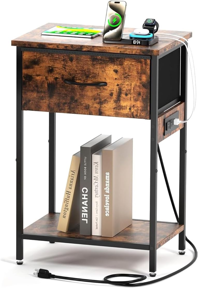 Fohome Nightstand with Charging Station, 2 Tiers Storage Shelves Bedside Table with Drawer,Nightstand for Bedroom,Apartment,Guest Room,Living Room,Rustic Brown - Image 1