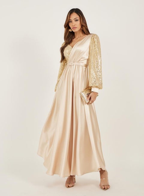 Sequin Embellished Long Sleeves A-Line Maxi Dress