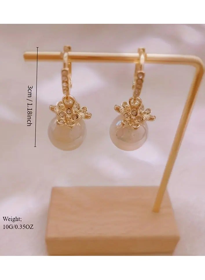 Home Clearance Sale Exquisite Golden Flower Faux Pearl Pendant Shiny Zirconia Inlaid Dangle Earrings Elegant Luxury Style Delicate Female Gift - Image 3