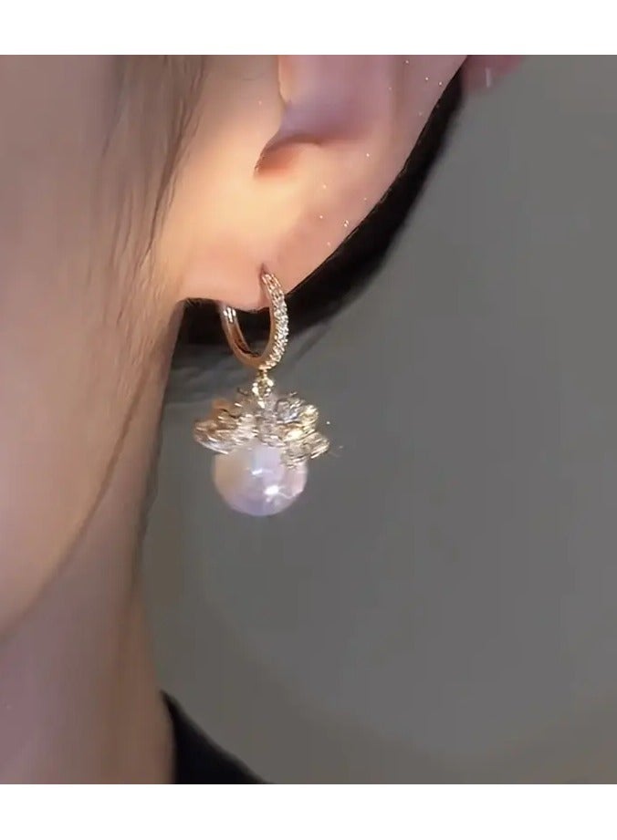 Home Clearance Sale Exquisite Golden Flower Faux Pearl Pendant Shiny Zirconia Inlaid Dangle Earrings Elegant Luxury Style Delicate Female Gift - Image 4