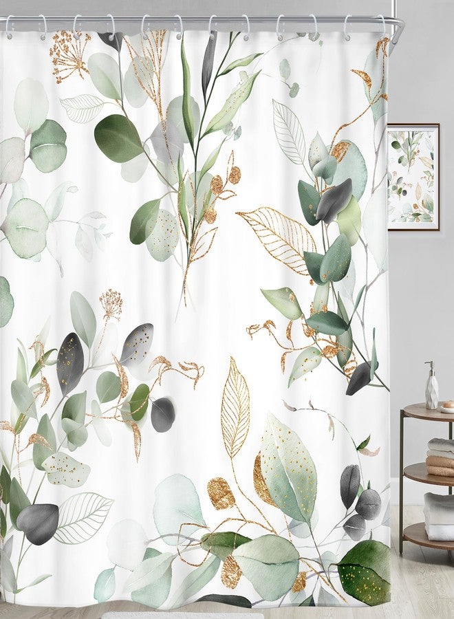 Riyidecor Sage Green Shower Curtain 72Wx72H, Botanical Eucalyptus Leaf Light Green Gold Bathroom Curtain, Watercolor Plants Earthy Spring Shower Curtain Sets with 12 Pack Hooks Ideal for Bathroom - Image 3