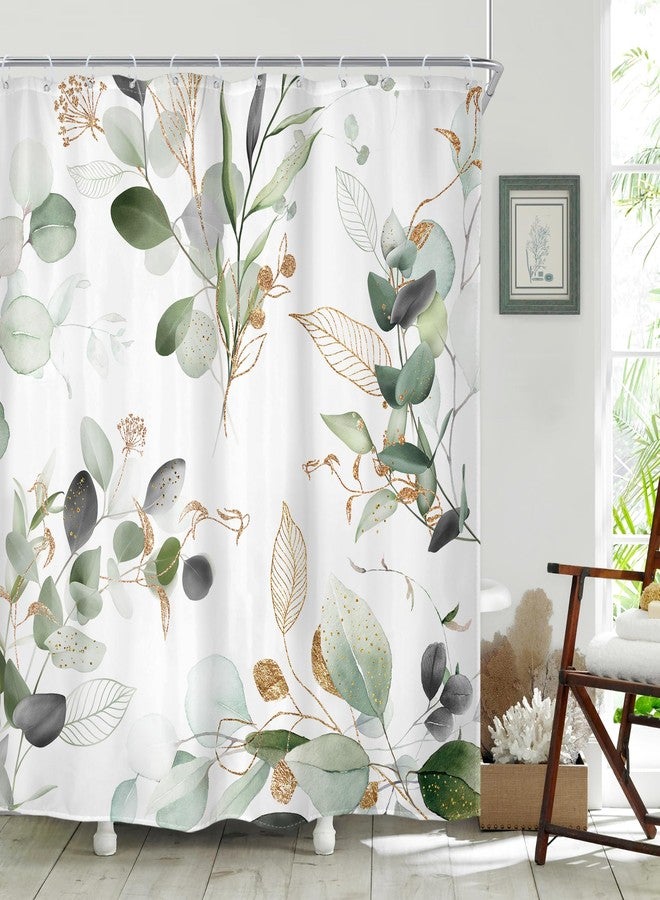 Riyidecor Sage Green Shower Curtain 72Wx72H, Botanical Eucalyptus Leaf Light Green Gold Bathroom Curtain, Watercolor Plants Earthy Spring Shower Curtain Sets with 12 Pack Hooks Ideal for Bathroom - Image 1
