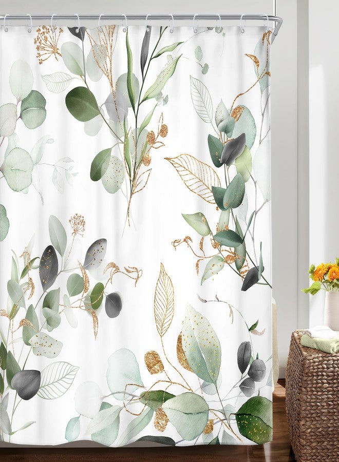 Riyidecor Sage Green Shower Curtain 72Wx72H, Botanical Eucalyptus Leaf Light Green Gold Bathroom Curtain, Watercolor Plants Earthy Spring Shower Curtain Sets with 12 Pack Hooks Ideal for Bathroom - Image 2