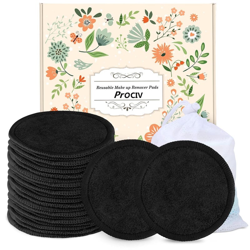 ProCIV Reusable Makeup Remover Pads 25 Pack Washable Organic Cotton Rounds for All Skin Types Toner with Laundry Bag Eco Friendly Zero Waste Reusable Cotton Pads Travel Gadgets Black
