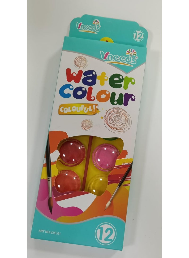 فانيدز مجموعة ألوان مائية Vneeds V.03.01، ١٢ لونًا مع فرشاة - Image 1