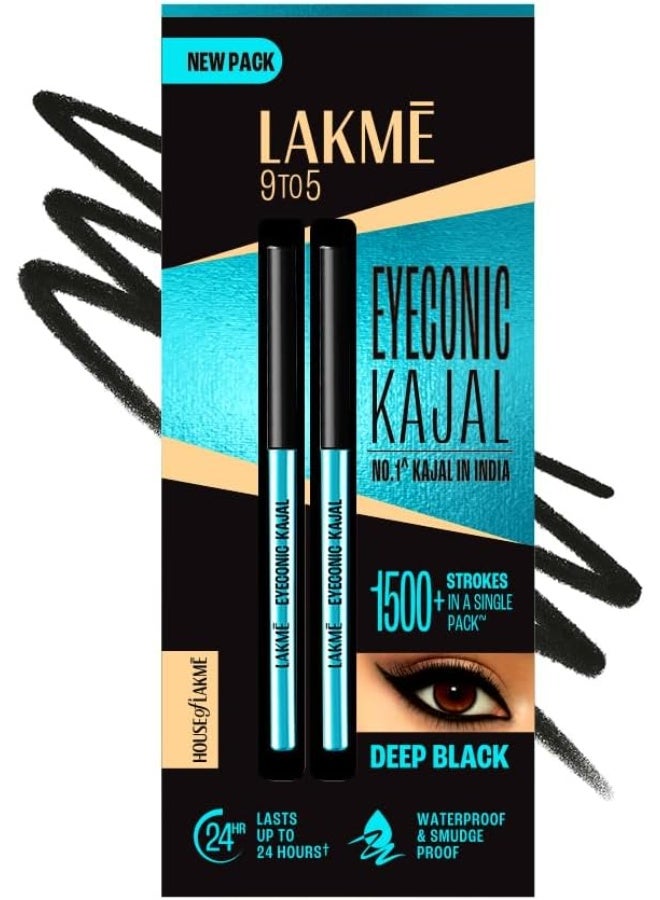 LAKMÉ Eyeconic Black Kajal, Matte Kohl Liner in a Twist Up Pencil - Waterproof, Smudge Proof & Long Lasting Eye Makeup, 0.35 g Twin Pack