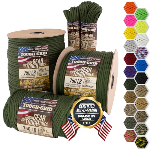 TOUGH-GRID 750 Paracord Rope Nylon Parachute Cord, Made in USA Survival Kit, Outdoor Adventures, Camping, Tactical Gear & Emergency Supplies, Military Type IV Mil-Spec - Image 1