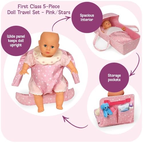 Badger Basket First Class 5Piece Doll Travel Set for 18Inch Dolls Includes Travel Bed Carrier Reversible Blanket and Accessories in Pink Stars Design - Image 5