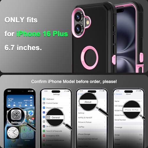 Jiunai for iPhone 16 Plus Case Heavy Duty Strong Shockproof Port Protection Dustproof Screenless Dual Layer Bumper Protective Cover Rugged Phone Case for iPhone 16 Plus 6.7'' Men Women Black-Pink - Image 2