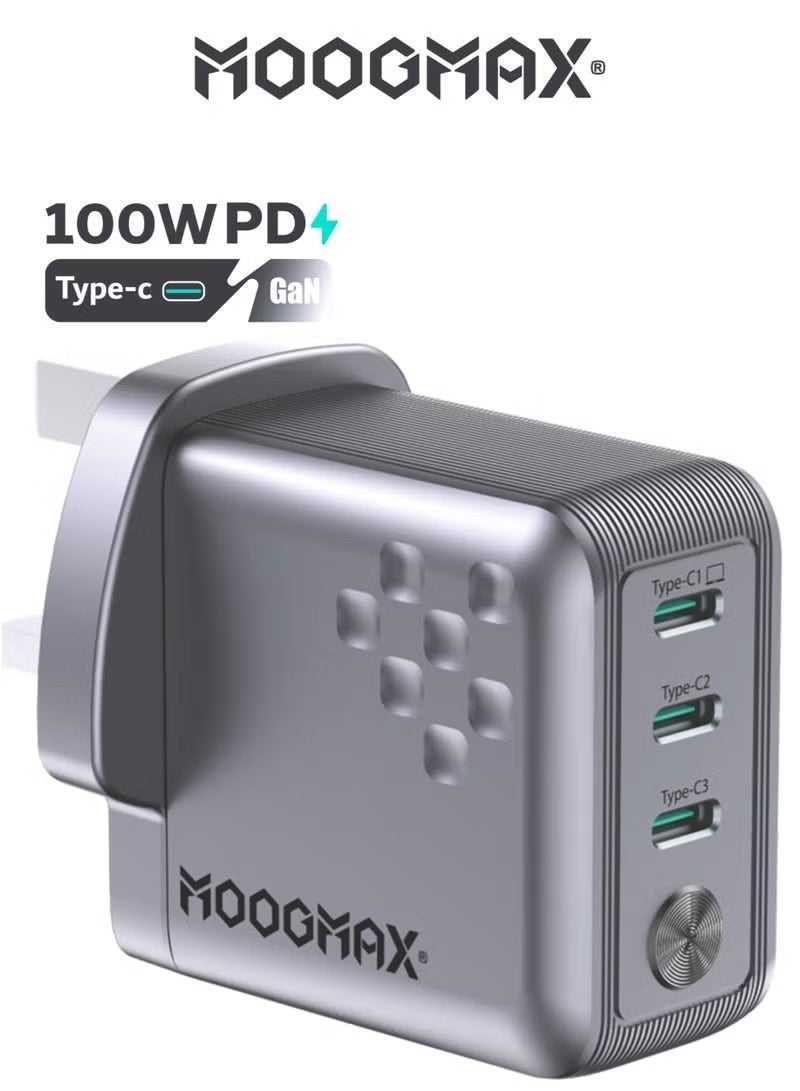 Type-C charger head with three Type-C ports. Fish Type C with GaN technology to improve performance and reduce heat.