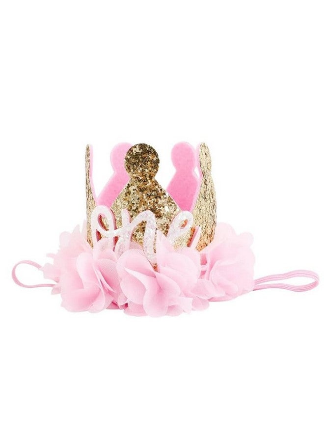 Nishine Nishine Gold Glitter Crown Headband Pink Flower Crown Tiara Hairband for Baby Birthday Party Supplies Photo Props (Chiffon&One)  - Image 1