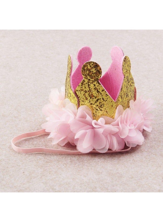 Nishine Nishine Gold Glitter Crown Headband Pink Flower Crown Tiara Hairband for Baby Birthday Party Supplies Photo Props (Chiffon&One)  - Image 5