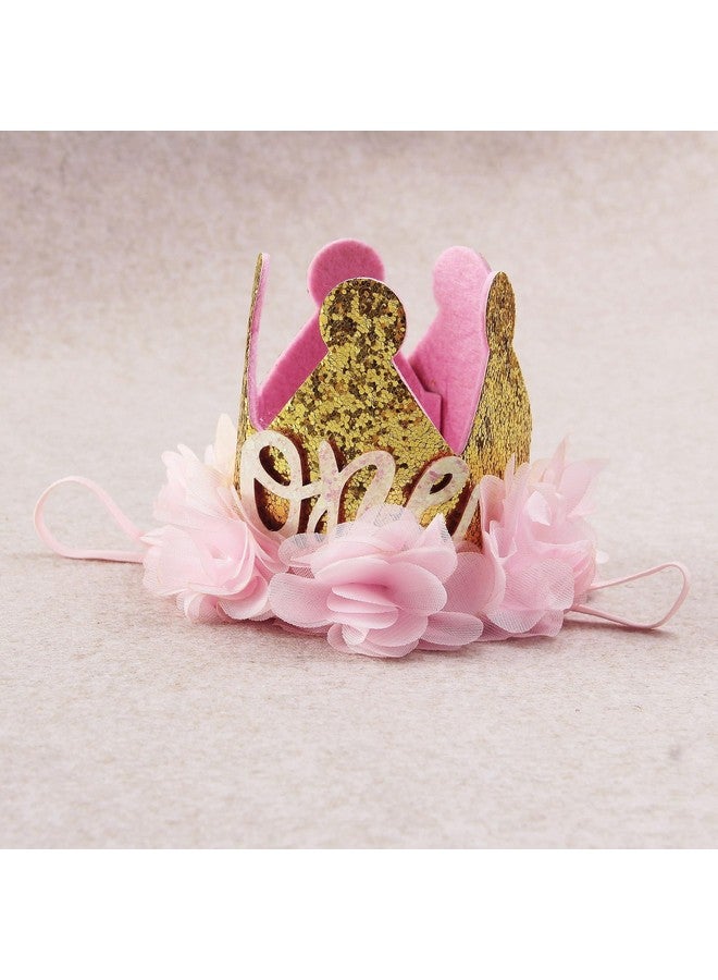 Nishine Nishine Gold Glitter Crown Headband Pink Flower Crown Tiara Hairband for Baby Birthday Party Supplies Photo Props (Chiffon&One)  - Image 3