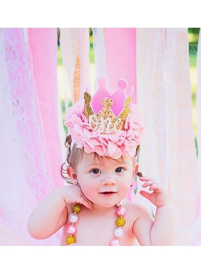 Nishine Nishine Gold Glitter Crown Headband Pink Flower Crown Tiara Hairband for Baby Birthday Party Supplies Photo Props (Chiffon&One)  - Image 2
